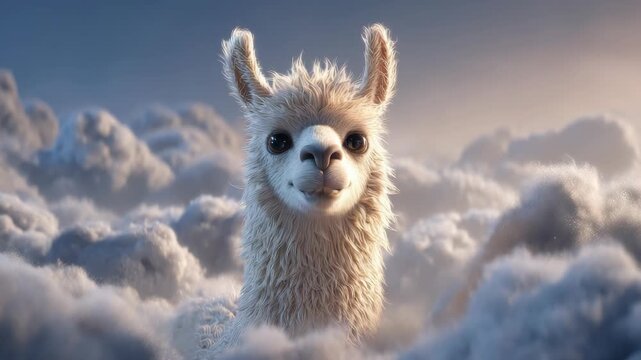 Adorable Llama Posing Cheerfully Among Fluffy White Clouds in a Sky-High Fantasy