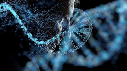 Longevity science aging. Genetics senescence health. Biotechnology wellness. A digital representation of a human face with DNA strands. - Powered by Adobe