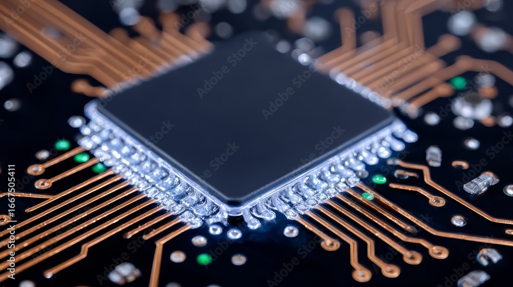 Poster intricate circuit board closeup, exploring electronic components and pathways in detail