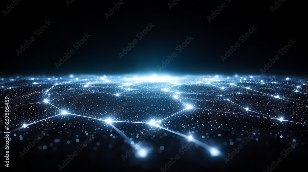 Aufkleber luminous network on dark background, abstract visualization of digital connections and data flow
