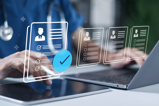 Medical record concept. Diagnosis, history, patient card and medical reports. Doctor reviews patient medical history forms