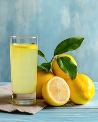 Fresh lemonade with whole and sliced lemons on blue rustic background