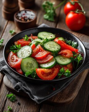 Fresh tomato and cucumber salad with parsley on wooden table