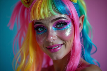 Obraz premium Beautiful Woman in Unicorn Costume with Glitter Makeup