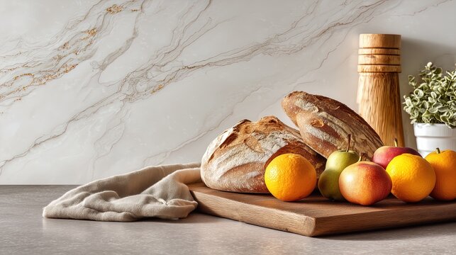 Artisan bread and fresh fruit display on wooden board in rustic kitchen - Powered by Adobe