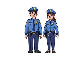 Fototapeta premium A smiling male and female police officer team standing together in full uniform. Professional law enforcement cartoon character illustration