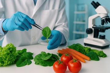 Local food inspection. Scientist analyzing plant samples with microscope, surrounded by fresh vegetables on a lab table.