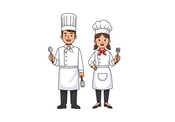 Professional male and female chef characters in uniform holding kitchen utensils. Vector illustration of a culinary team for restaurant concepts