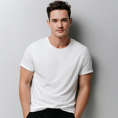 Fototapeta premium A plain white t shirt is worn by a male model for use in brand identity and design template. The simple studio shot highlights space for logo or artwork placement.