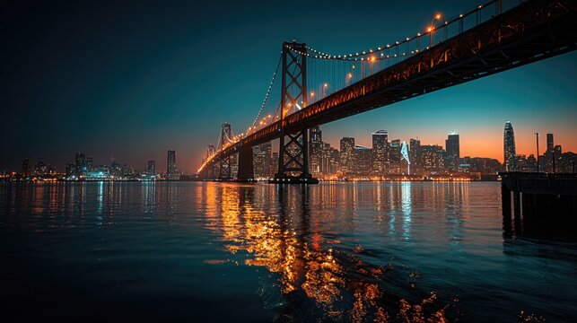 City bridge at twilight, vibrant colors reflected in water