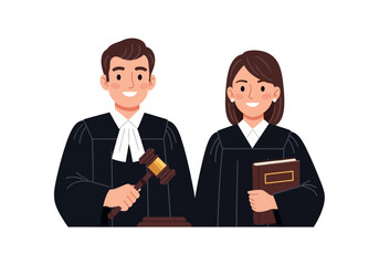 Vector illustration of a professional judge couple, a man and a woman, standing together in court attire with a gavel and law book