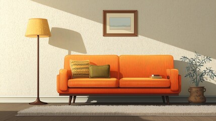 Mid-century modern living room with orange sofa and vintage decor