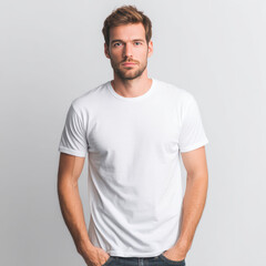 Obraz premium A plain white t shirt is worn by a male model for use in brand identity and design template. The simple studio shot highlights space for logo or artwork placement.