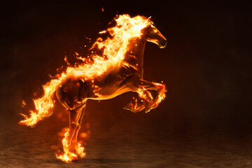 Portrait of burning horse on dark smoke background