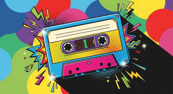A vibrant, retro-style illustration of a cassette tape on a colorful pop art background. - Powered by Adobe