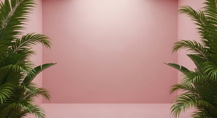 Elegant pink backdrop with lush tropical plants for product display