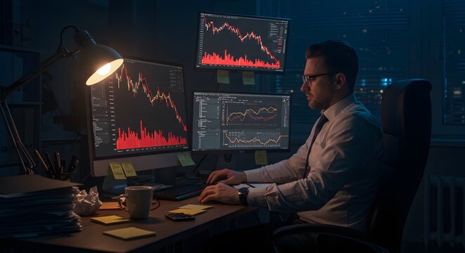 Trader Analyzing Stock Market Charts at Night