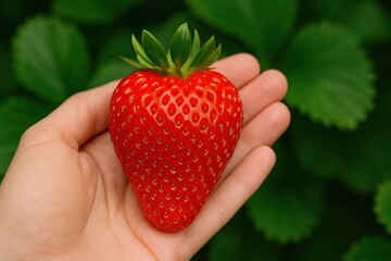 Obraz premium Local food inspection. A person holds a large, ripe strawberry against a green background.