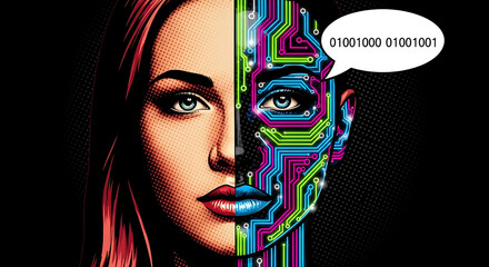 A woman's face split, one side human, the other a circuit board, with binary code.