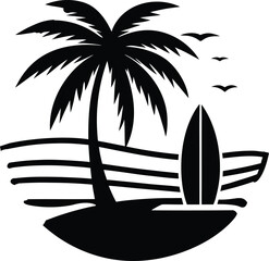 Surfboard and Palm Tree Silhouette on Tropical Beach