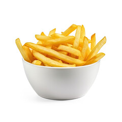 A bowl of golden-brown french fries in a white bowl on a transparent background