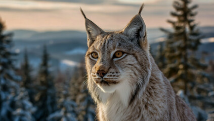 Close up portrait of a lynx in a snowy forest at sunset