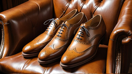 Elegant brown leather brogue shoes placed on a vintage leather armchair.