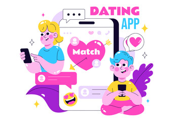 Online Dating App Vector Illustration Featuring a Couple with Male and Female on Smartphone, Showing Match, Love, and Relationships in a Background