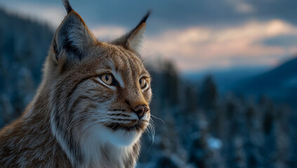 Obraz premium Close up portrait of a wild lynx in a snowy mountain landscape