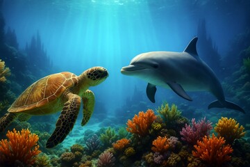 サンゴ礁で出会う海亀とイルカ 実写風イラスト