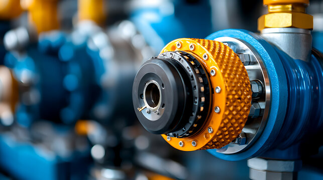 Precision engineering industrial pump mechanism factory floor close-up photography technical environment detailed view machinery concept