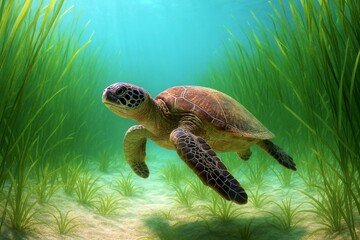 海草に囲まれて泳ぐ海亀 実写風イラスト