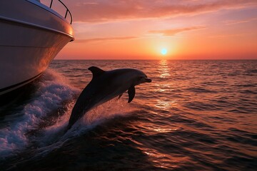 夕暮れの海で船と共に跳ねるイルカ 実写風イラスト