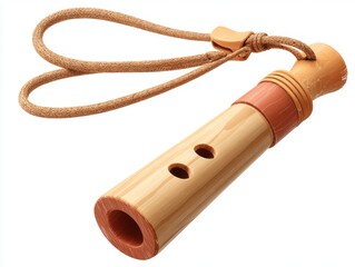 Fototapeta premium Small Light Brown Wooden Whistle with Terracotta Mouthpiece and Tan Cord