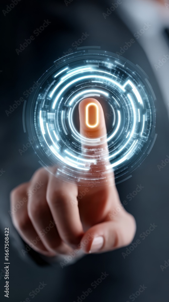 Poster closeup, finger activating a digital button, symbolizing user interface interaction and control in m
