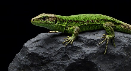 Fototapeta premium Green Lizard Resting on Dark Rock Isolated Black Background