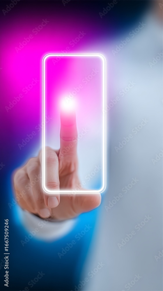 Poster illuminated touch screen interaction, finger activates button on modern display a