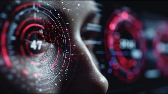 Longevity science aging. Genetics senescence health. Biotechnology wellness. A close-up of a futuristic eye with digital overlays and data.