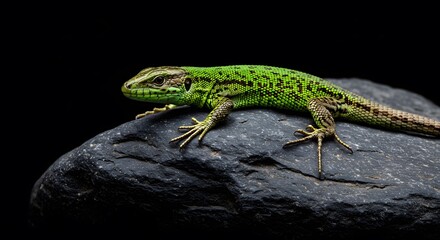 Fototapeta premium Green Lizard Resting on Black Rock in Dark Background