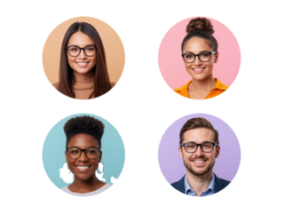 Diverse Group of Young Adults Wearing Eyeglasses Displayed on a Transparent Canvas
