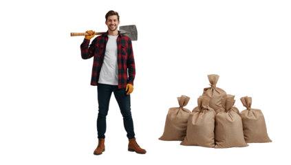 Lumberjack with shovel on shoulder standing next to burlap sacks on isolated transparent background