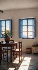 Cozy dining room with rustic wooden table and chairs overlooking the sea through open blue shutters