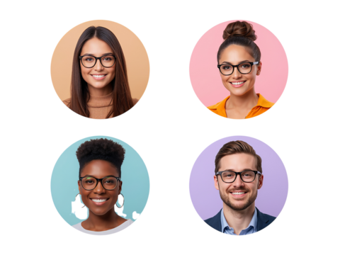 Diverse Group of Young Adults Wearing Eyeglasses Displayed on a Transparent Canvas