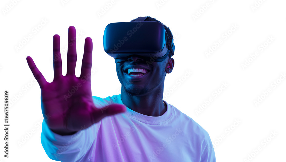Poster enthusiastic man immersed in virtual reality with a hi-tech headset and isolated transparent setting