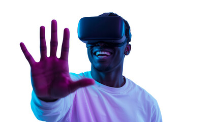 Enthusiastic man immersed in virtual reality with a hi-tech headset and isolated transparent setting