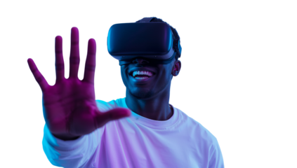 Enthusiastic man immersed in virtual reality with a hi-tech headset and isolated transparent setting