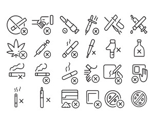Set of outline icons related to quit addiction .Linear icon collection