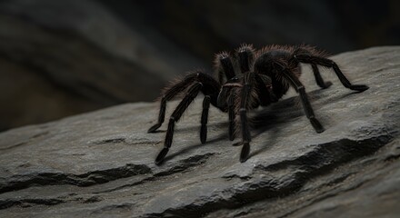Black Tarantula Spider Walking on Rocky Surface in Natural Environment