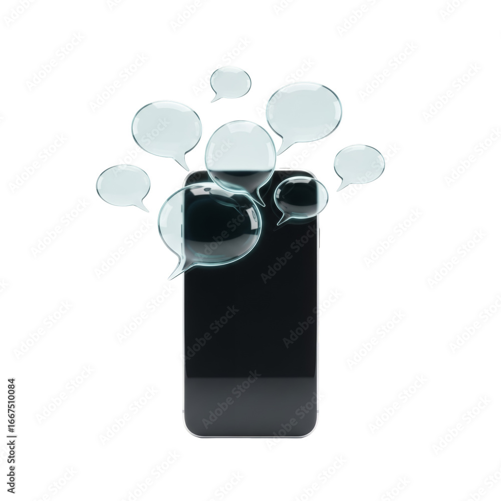 Poster black smartphone with floating blue speech bubbles illustrating digital communication and online mes