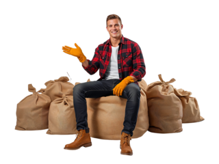 Confident gardener sitting atop burlap sacks against a solid transparent setting ready to work